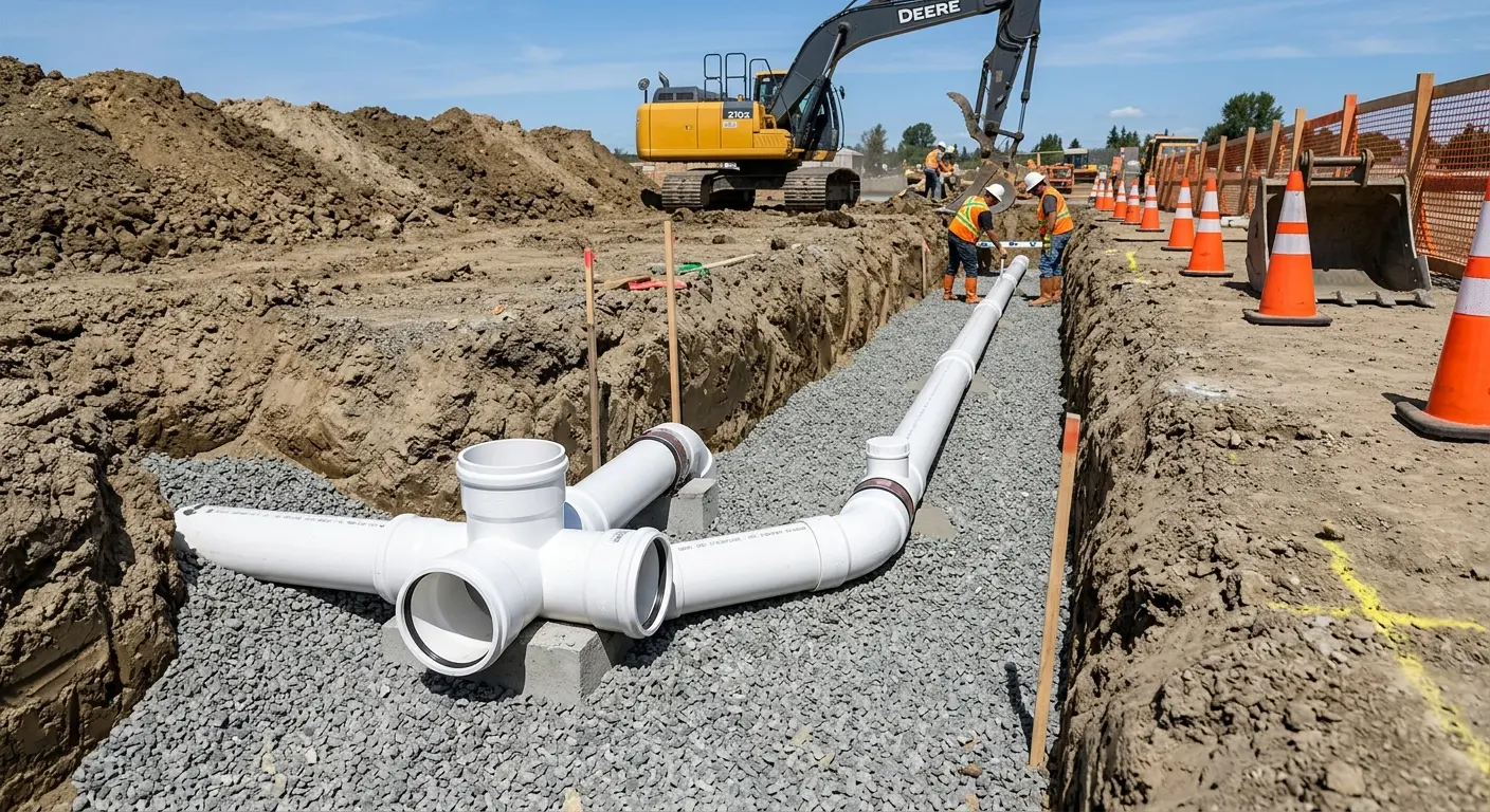 New PVC sewer pipe installation in open trench for Sewer Backup in Port Isabel