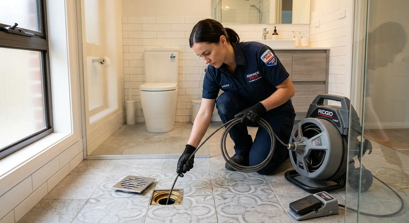 Technician clearing a bathroom floor drain for Sewer Line Replacement in Port Isabel